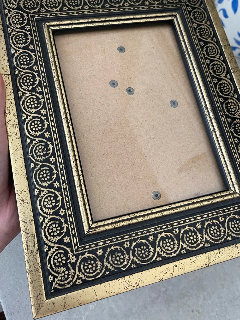 Vintage Gold and Black Picture Frame with original watercolor Floral Art 5x7”